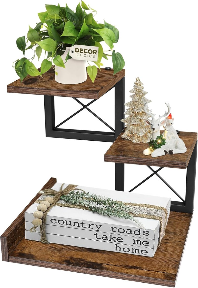 ELITEROO Desk Shelf Organizer, Wood Desktop Organizer Small Bookshelf, 3 Tier Storage Shelf Riser Display Stand for Office Decor and Desk Accessories, Rustic Brown Black - Image 1